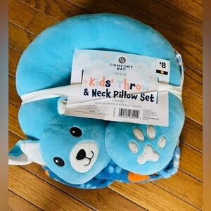 Comfort Bay Blue Puppy Kids Stuffed Animal Neck Pillow and Blanket Set